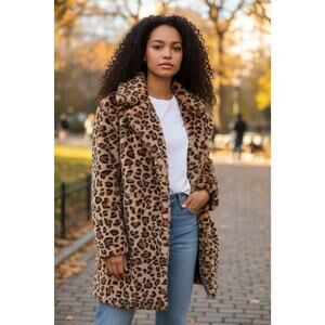Love Tree Ultra Soft Faux Fur Leopard Print Jacket Womens MEDIUM Cruelty-Free